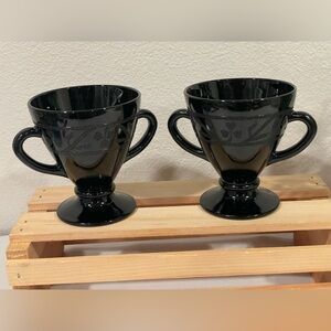 🥳BOGO! (2) Hazel Atlas Hazel Cloverleaf Black Amethyst Handled Cups Sugar Bowls.
